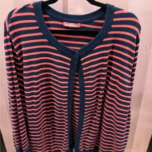 Woman Within Navy and Pink Striped Cardigan